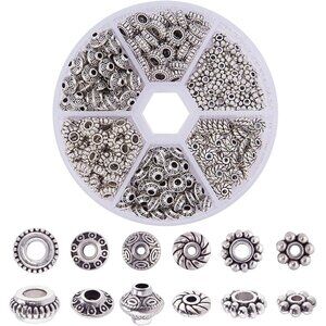 300pcs 6 Style Antique Silver Spacer Beads, Tibetan Metal Alloy Tube Spacers Flo